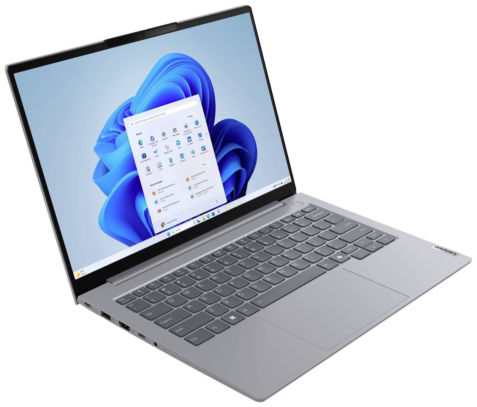 Ein geöffneter Laptop mit einem Bildschirm, der das Windows-Betriebssystem zeigt. Die Tastatur rechts daneben; moderne, schlanke Ausführung.
