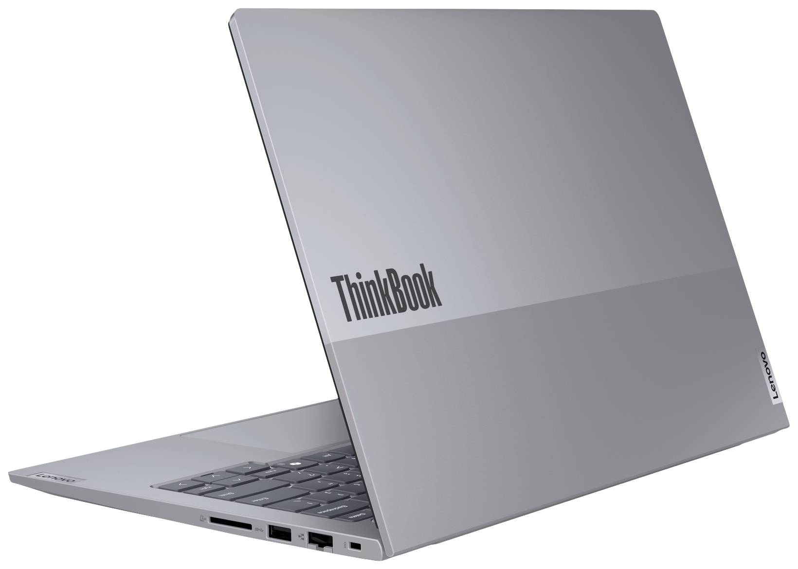 Ein silberfarbenes Laptop mit der Aufschrift 'ThinkBook' an der Rückseite. Es ist schlank und modern gestaltet.