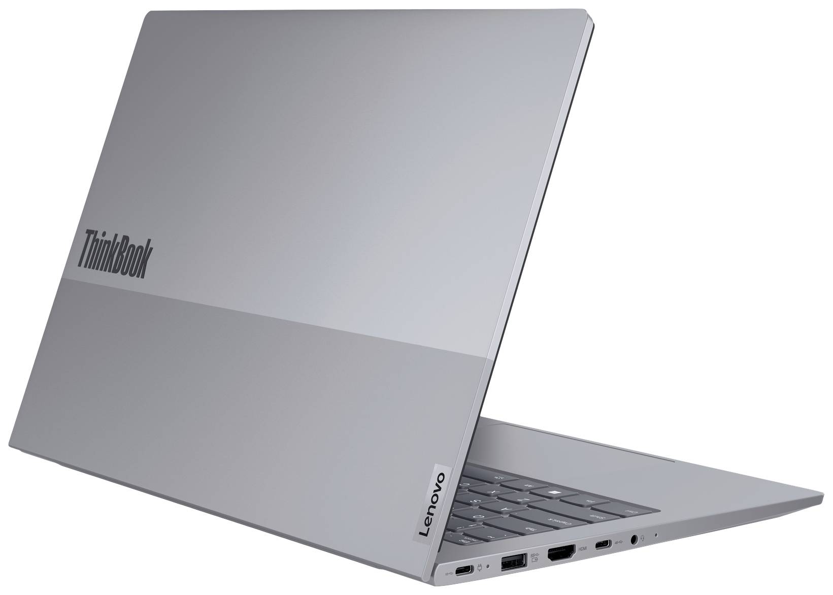 Ein silbernes Lenovo-ThinkBook-Laptop von der Seite, halb geöffnet, mit sichtbaren Anschlüssen auf der linken Seite.