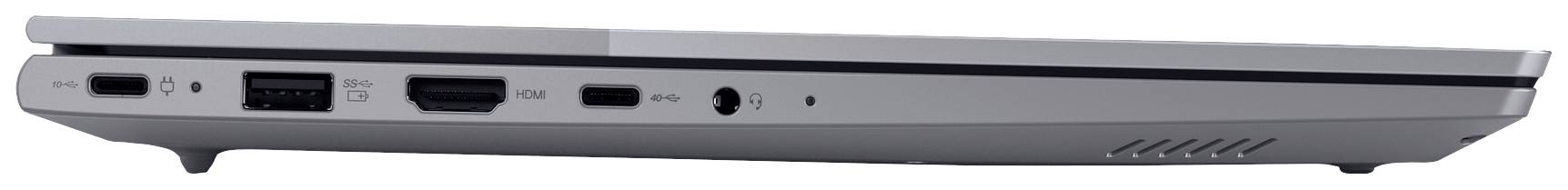 Silberner Laptop seitlich, zeigt mehrere Anschlüsse einschließlich USB, HDMI und Kopfhörerbuchse.