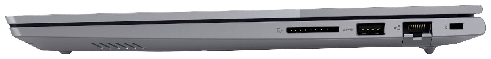 Seitenansicht eines Laptops mit Anschlüssen: USB, Ethernet und Kartenleser. Gehäusefarbe grau, geschlossen and schlankes Design.