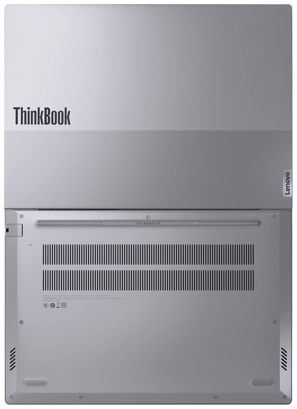 Die Unterseite eines silbernen Laptops mit der Aufschrift 'ThinkBook'. Lüftungsschlitze und Markenlogos sind sichtbar.