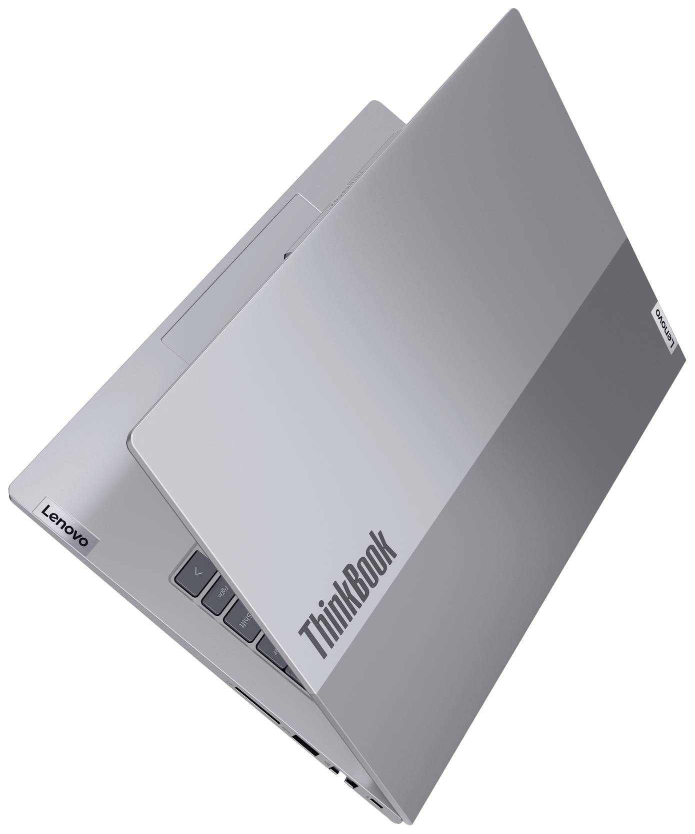 Ein silbergraues Notebook der Marke Lenovo ThinkBook, halb geöffnet, zeigt eine schlanke, moderne Gestaltung mit dem Markenlogo auf dem Deckel.