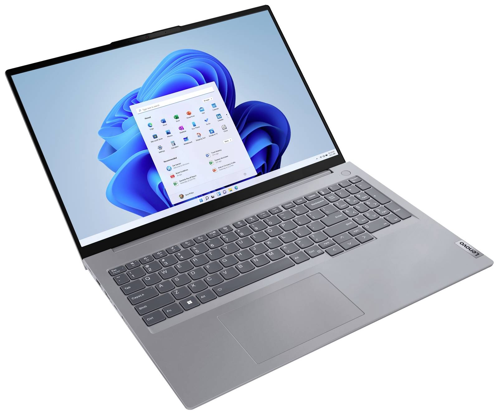 Silberner Laptop, Bildschirm zeigt Windows 11 Startbildschirm, mit sichtbaren Desktop-Icons.