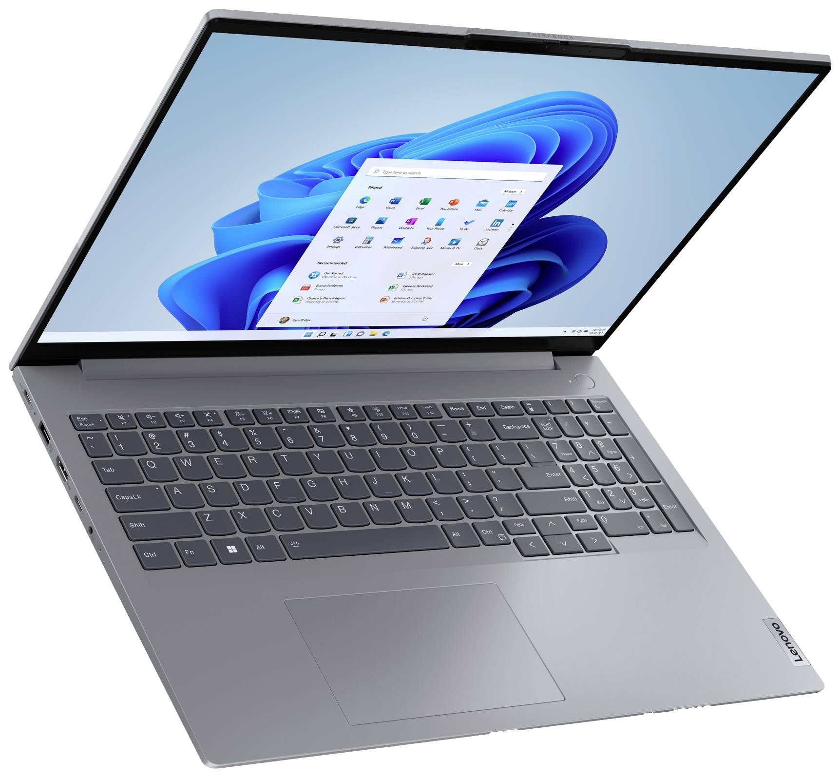 Ein aufgeklappter Laptop, Windows-Bildschirm sichtbar. Der Laptop ist silberfarben mit schwarzer Tastatur und zeigt das Startmenü.