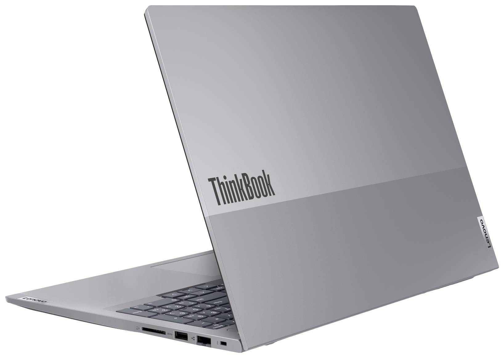Silberner Laptop mit dem Schriftzug 'ThinkBook' auf dem Deckel. Links sind Anschlüsse sichtbar. Modernes Design für geschäftliche Nutzung.