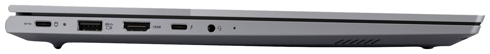 Silberner Laptop von der Seite mit mehreren Anschlussmöglichkeiten wie USB-Ports, HDMI und Kopfhörerbuchse.