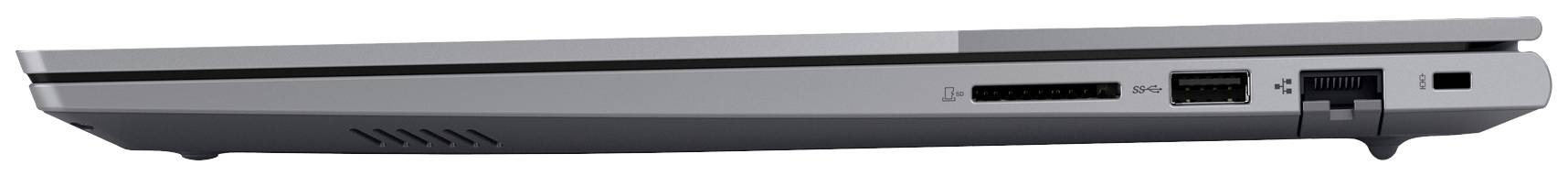 Silverner, geschlossener Laptop von der Seite gezeigt, mit sichtbaren Anschlüssen an der rechten Seite.
