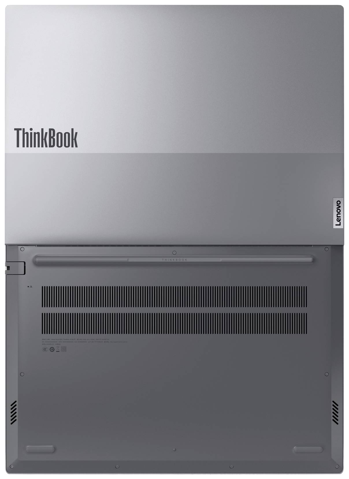 Rückseite eines Laptops mit silberner Oberfläche und den Aufschriften 'ThinkBook' und 'Lenovo'.