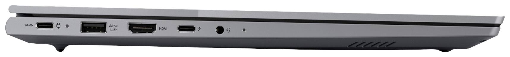 Seitenansicht eines Laptops mit verschiedenen Anschlüssen: USB, HDMI, Audioausgang und Stromanschluss. Gerät ist geschlossen.