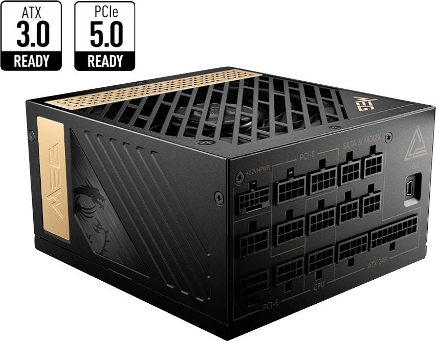 Schwarzes Netzteil mit mehreren Anschlüssen, gekennzeichnet als 'ATX 3.0 READY' und 'PCIe 5.0 READY'.