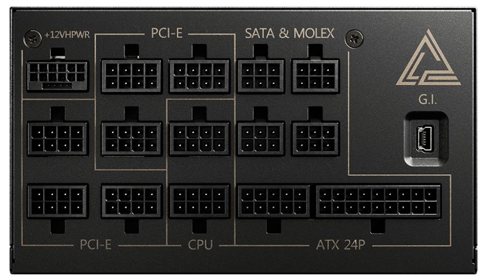 Rückseite eines Computernetzteils mit zahlreichen Anschlussbuchsen für PCI-E, SATA & Molex, CPU und ATX 24P.