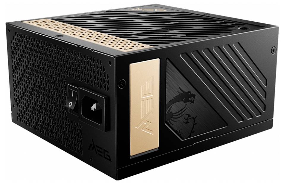 Ein schwarzes Computernetzteil mit einem goldfarbenen Streifen und einem Drachenmotiv. Es zeigt einen Schalter und einen Stromanschluss.