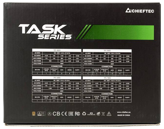 'Chieftec TASK Series' Verpackung mit detaillierten Spezifikationen und Anschlussoptionen von vier verschiedenen Netzteilmodellen.