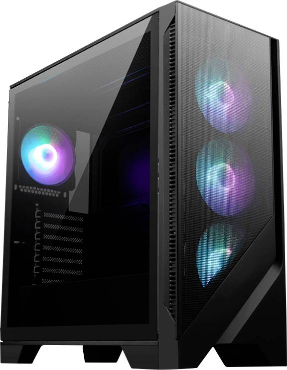 Schwarzes Computergehäuse mit Glaspanel, zeigt drei bunte, beleuchtete Ventilatoren an der Vorderseite und einen an der Rückseite.