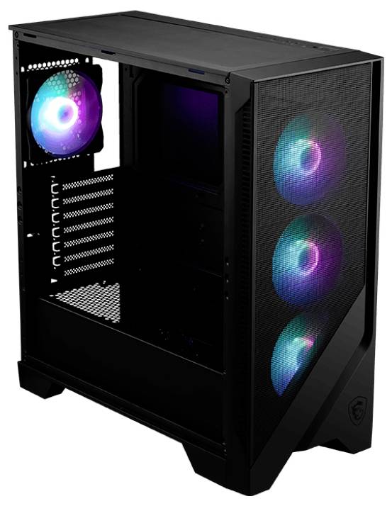 Schwarzes PC-Gehäuse mit vier bunten, leuchtenden Lüftern; eines hinten und drei vorne. Gehäuse ist leer, zeigt Platz für Komponenten.