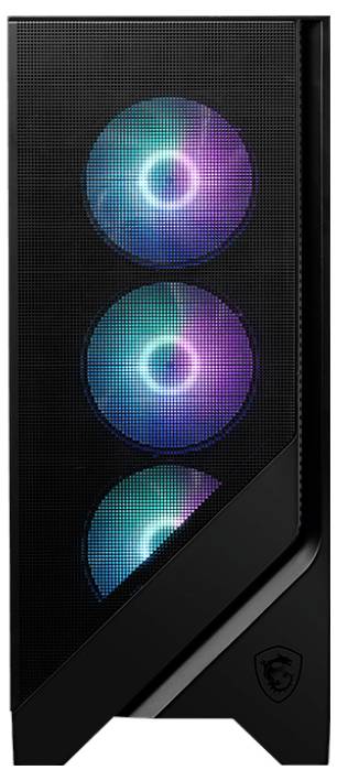 Ein schwarzes Computergehäuse mit drei leuchtenden, mehrfarbigen Lüftern an der Vorderseite, vertikal angeordnet.