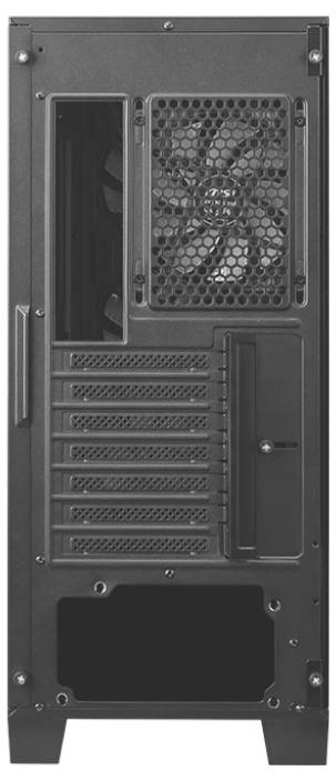 Ein schwarzes Computergehäuse von hinten mit Lüftergitter und mehreren Einschüben für Erweiterungskarten.