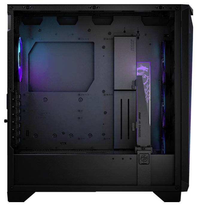 Schwarz-grauer Computergehäuse-Innenraum mit RGB-Beleuchtung auf einem Lüfter und einem vertikalen Kühlkörper, ohne Komponenten.