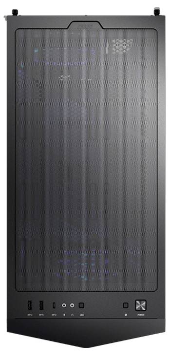 Schwarzes Computergehäuse von oben, mit Gitterdesign und sichtbaren Anschlüssen wie USB und Audio an der Vorderseite.