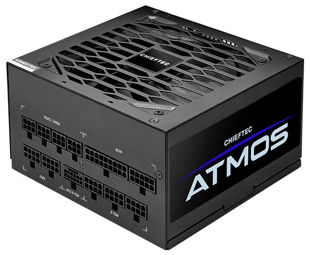 Ein schwarzes Chieftec ATX-Netzteil mit modularen Anschlüssen und einem Lüftergitter auf der Oberseite.