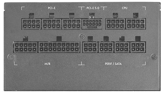 Rückseite eines Netzteils mit mehreren Anschlüssen: PCI-E, PCI-E 5.0, CPU, M/B, PERIF/SATA. Textmarkierungen für Kabelverbindungen.