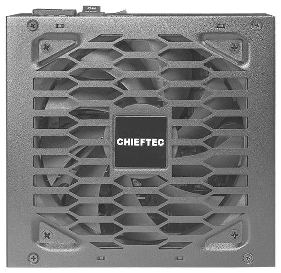 Das Bild zeigt ein Computer-Netzteil von oben mit einem großen Lüftergitter und der Aufschrift 'CHIEFTEC' in der Mitte.