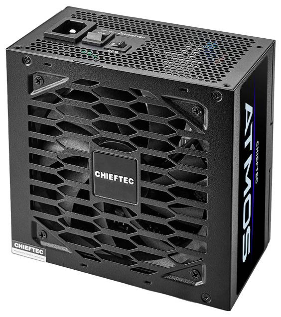 Ein schwarzes Chieftec ATX-Netzteil mit integriertem Lüfter und Schalter, geeignet für den Einsatz in Desktop-Computern.