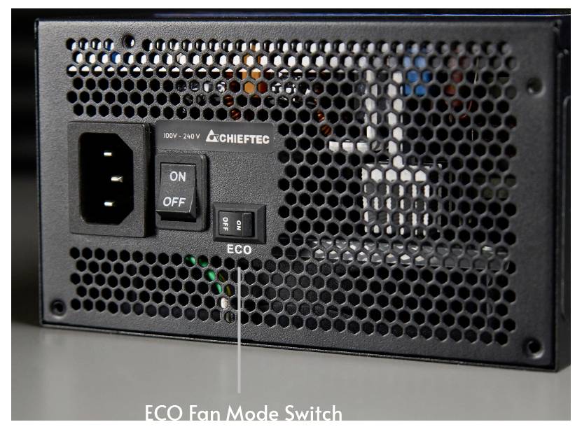 Das Bild zeigt die Rückseite eines Netzteils mit einem 'ECO'-Modusschalter, einem Netzschalter und einer Steckbuchse.