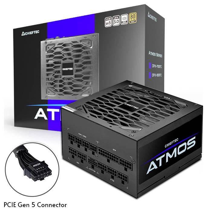 Chieftec ATMOS Netzteil und Verpackung, modelliert für PCIe Gen 5. Schwarzes Design mit blauen Akzenten und modularen Anschlüssen.