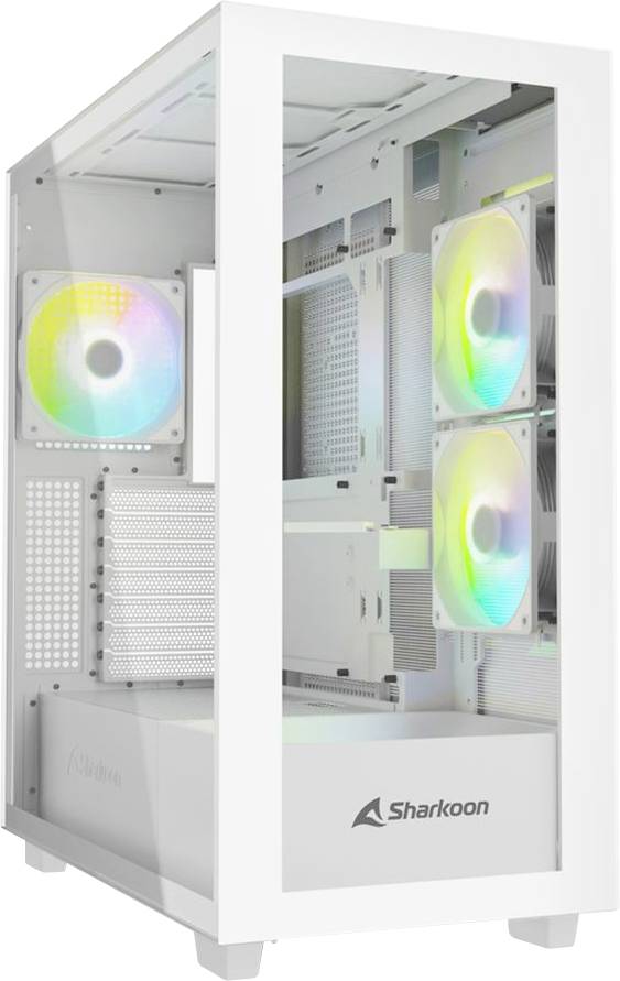 Ein weißes Computergehäuse mit Glasfenster zeigt innen drei bunte Lüfter und das Logo 'Sharkoon' unten auf der Vorderseite.