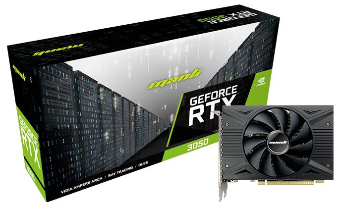 Grafikkarte 'manli GeForce RTX 3050' vor Verpackung. Text auf Verpackung: NVIDIA Ampere Arch, Ray Tracing, DLSS.