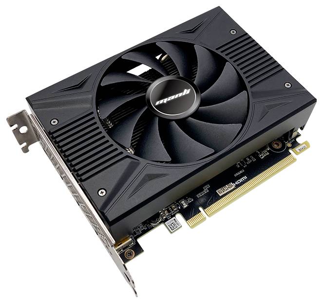 Eine schwarze Computer-Grafikkarte mit Lüfter, PCIe-Anschluss und Markenlogo, typischerweise zur Bildverarbeitung in PCs verwendet.