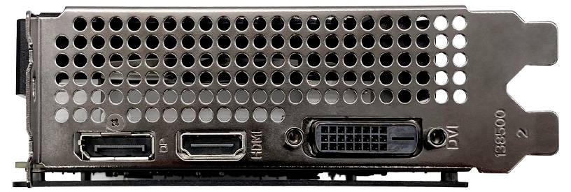 Ein PC-Grafikkartenanschluss mit DisplayPort, HDMI und DVI-Anschlüssen. Ideal für den Anschluss an Monitore oder Projektoren.