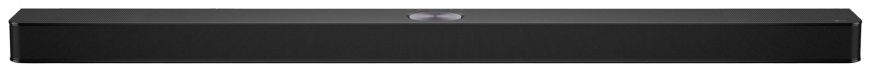 Eine schwarze Soundbar mit rechteckigem Design und einem zentralen Bedienfeld auf der Oberseite, keine sichtbaren Lautsprecher.