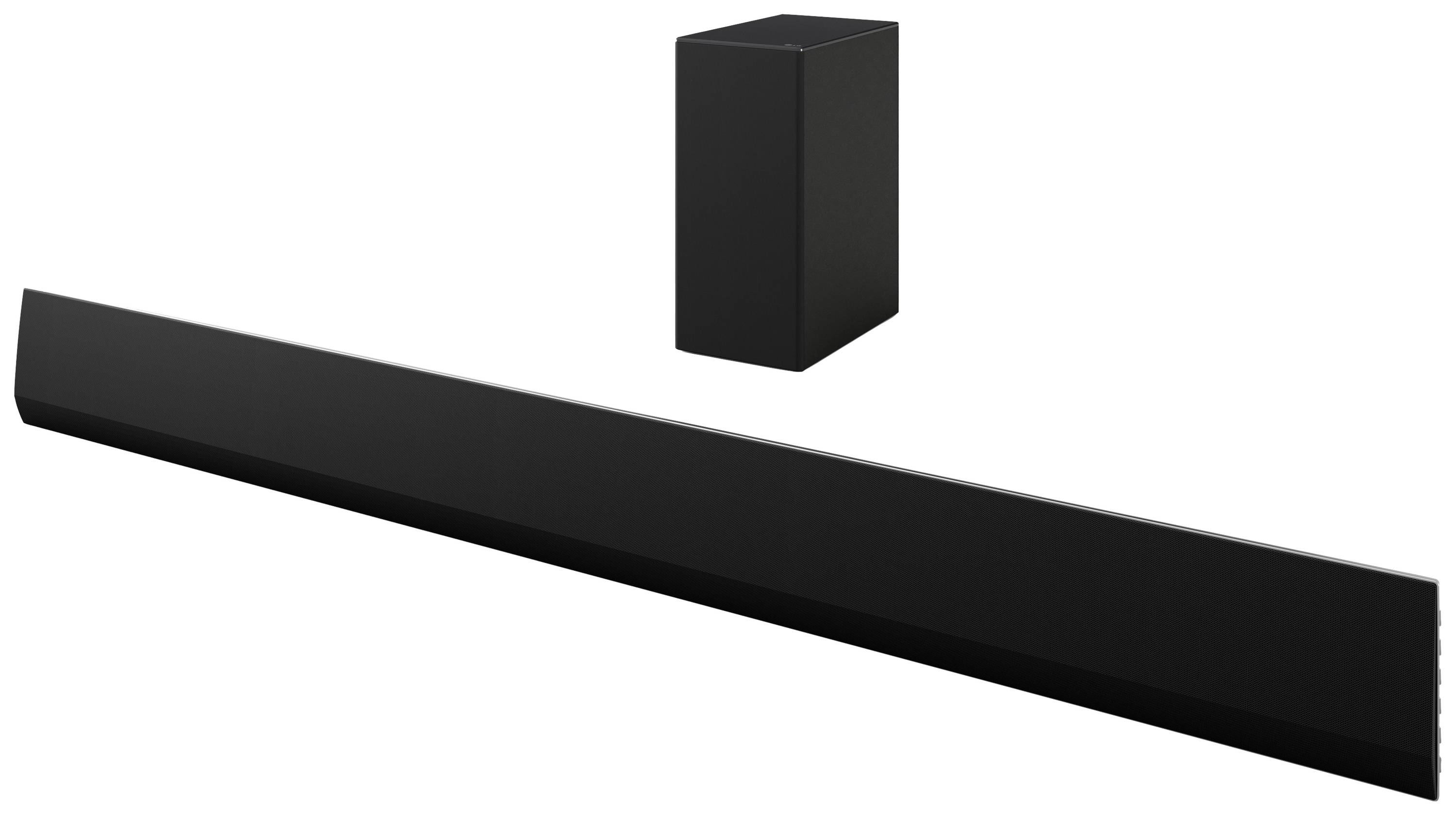 Schwarze Soundbar mit passendem Subwoofer, platziert auf weißem Hintergrund.
