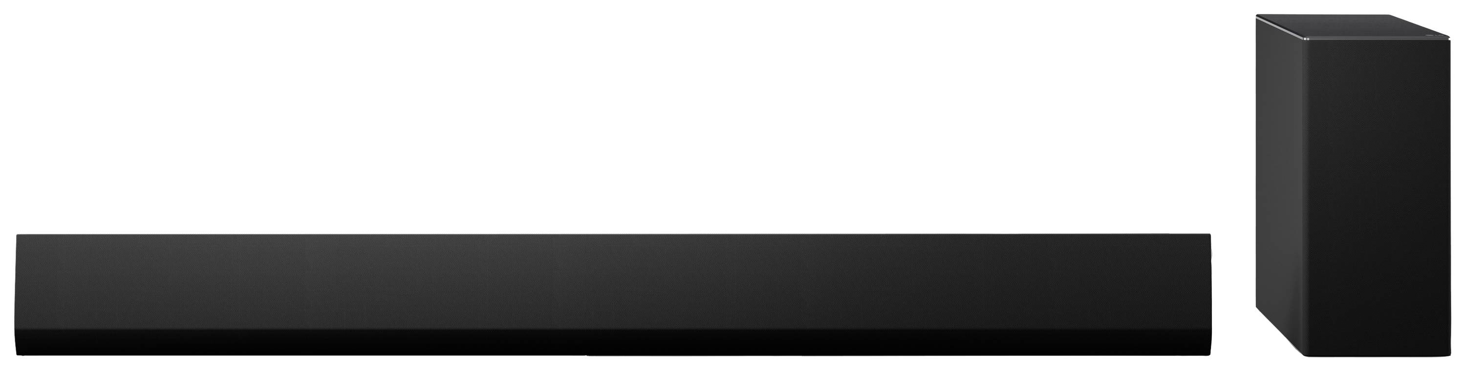 Schwarze Soundbar und vertikaler Subwoofer nebeneinander, zeigen ein modernes Audio-Set für verbesserten Klang in Heimkinosystemen.