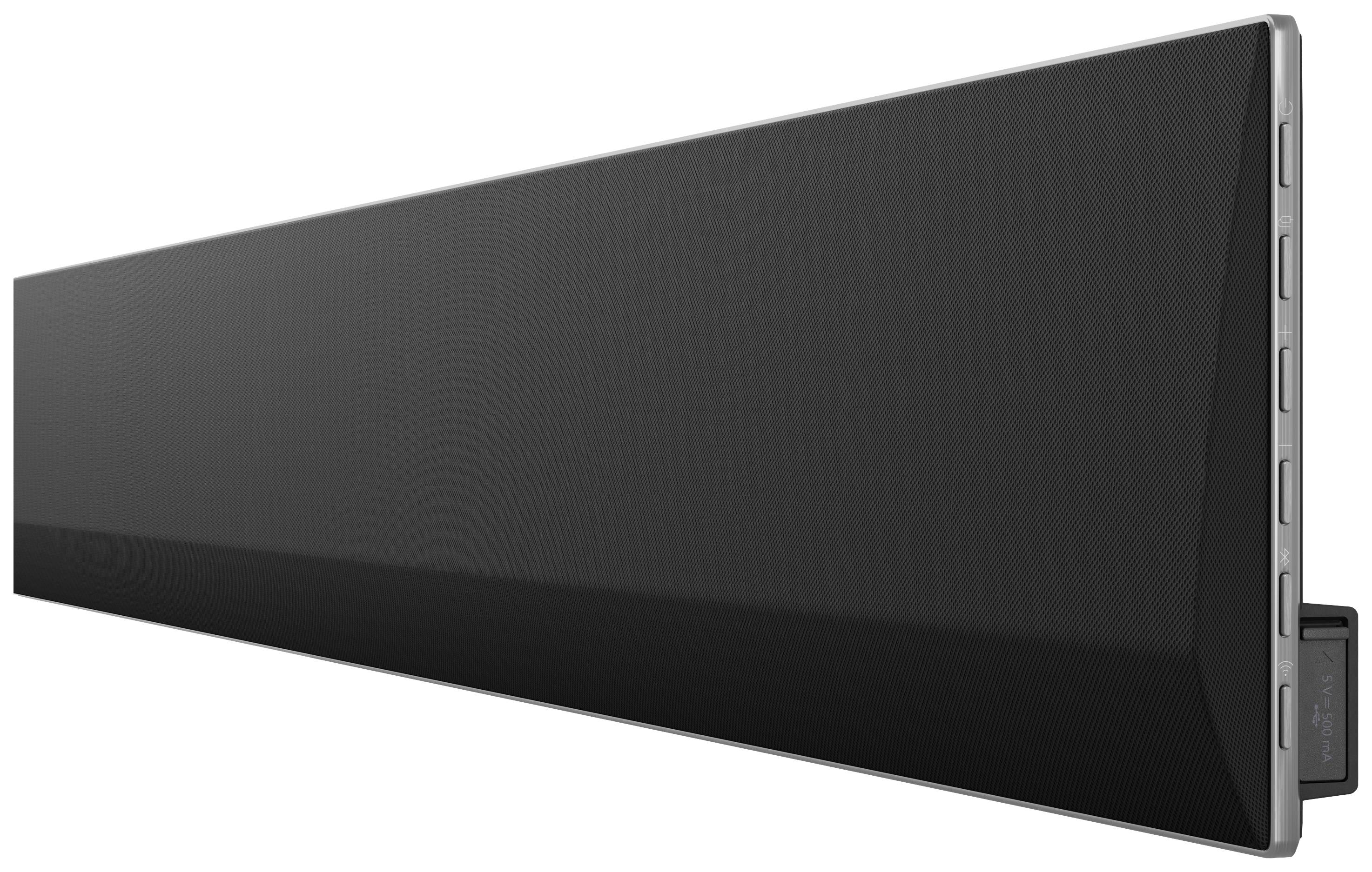 Eine schwarze Soundbar in Seitenansicht mit Tasten an der rechten Seite. Das Design ist schlank und modern, passend für Heimkinoanwendungen.