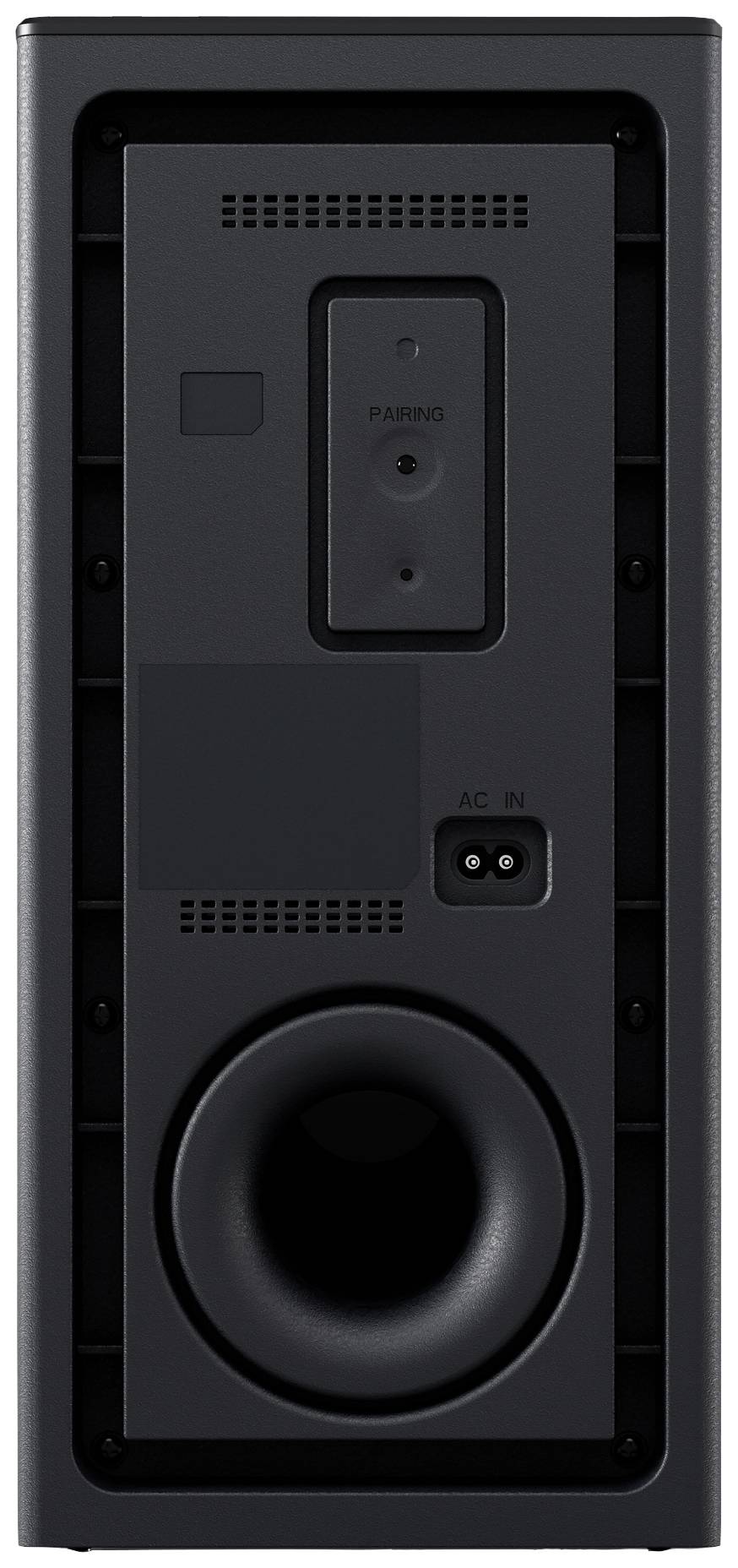 Lautsprecher-Rückseite mit Bassreflexöffnung, Stromanschluss und Steuerungselementen.