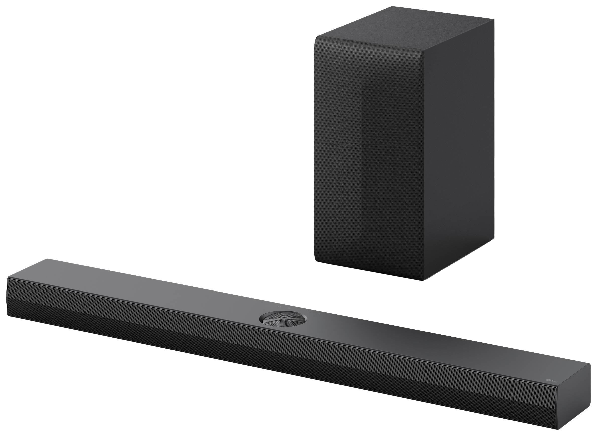 Eine schwarze Soundbar mit Subwoofer. Die Soundbar ist lang und schmal, der Subwoofer ist rechteckig. Beide stehen auf einem weißen Hintergrund.