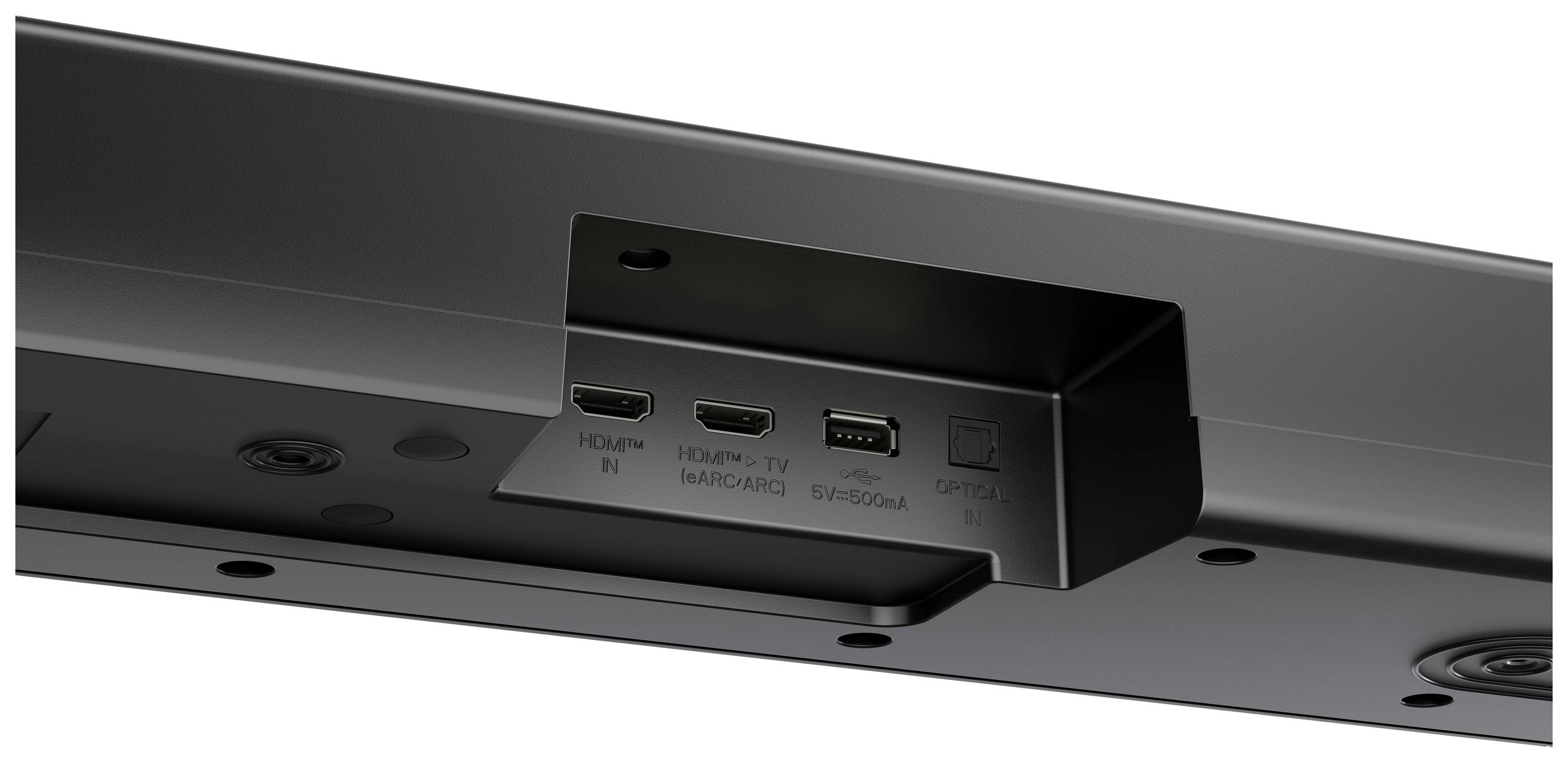 Rückansicht eines Geräts mit HDMI-, eARC- und USB-Anschlüssen, die in einer Einlassöffnung platziert sind.