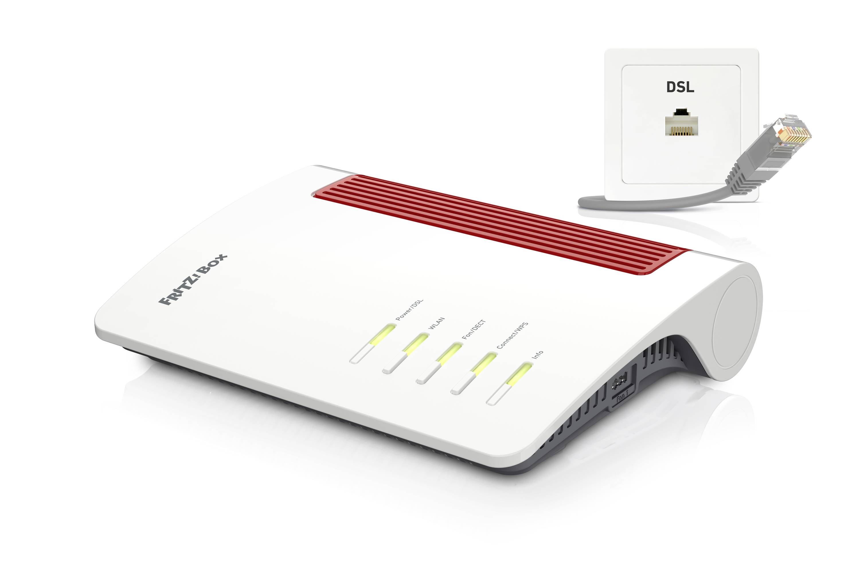 WLAN-Router mit mehreren Leuchtanzeigen liegt vor einer DSL-Wandsteckdose. Ein Netzwerkkabel ist verbunden.