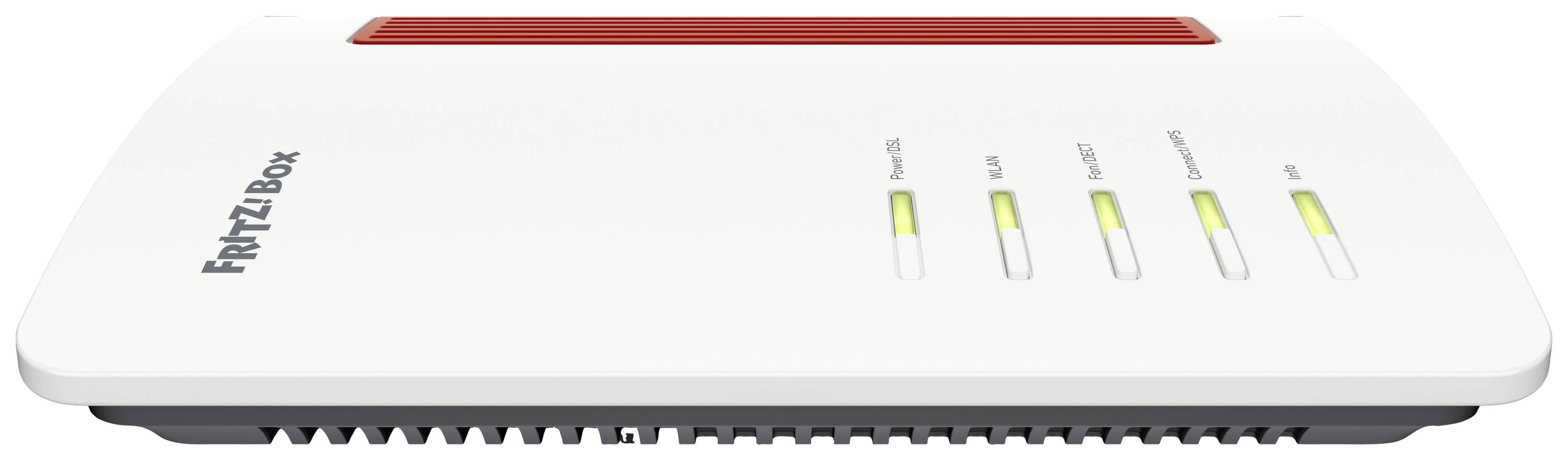 Ein weißer Router mit der Aufschrift 'FRITZ!Box' auf der linken Seite. Vier LED-Anzeigen sind auf der rechten Seite sichtbar.
