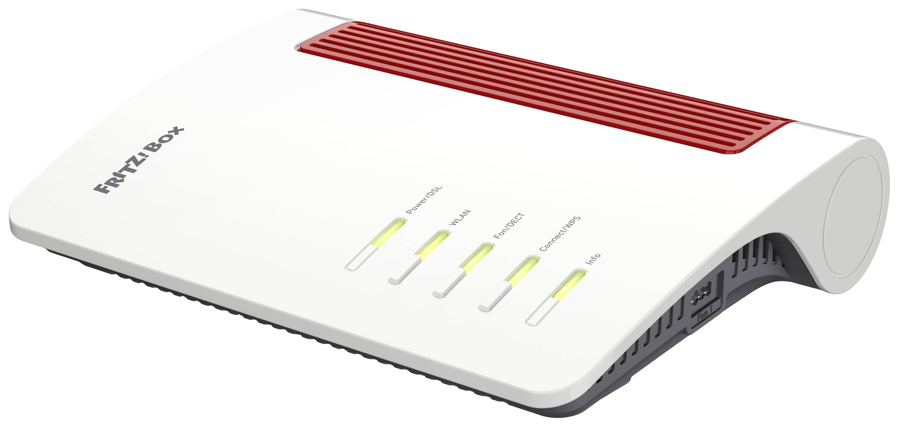 Ein weiß-roter Router mit der Aufschrift 'FRITZ!Box'. Vier LED-Anzeigen für Power, WLAN, Telefonie und Info leuchten.