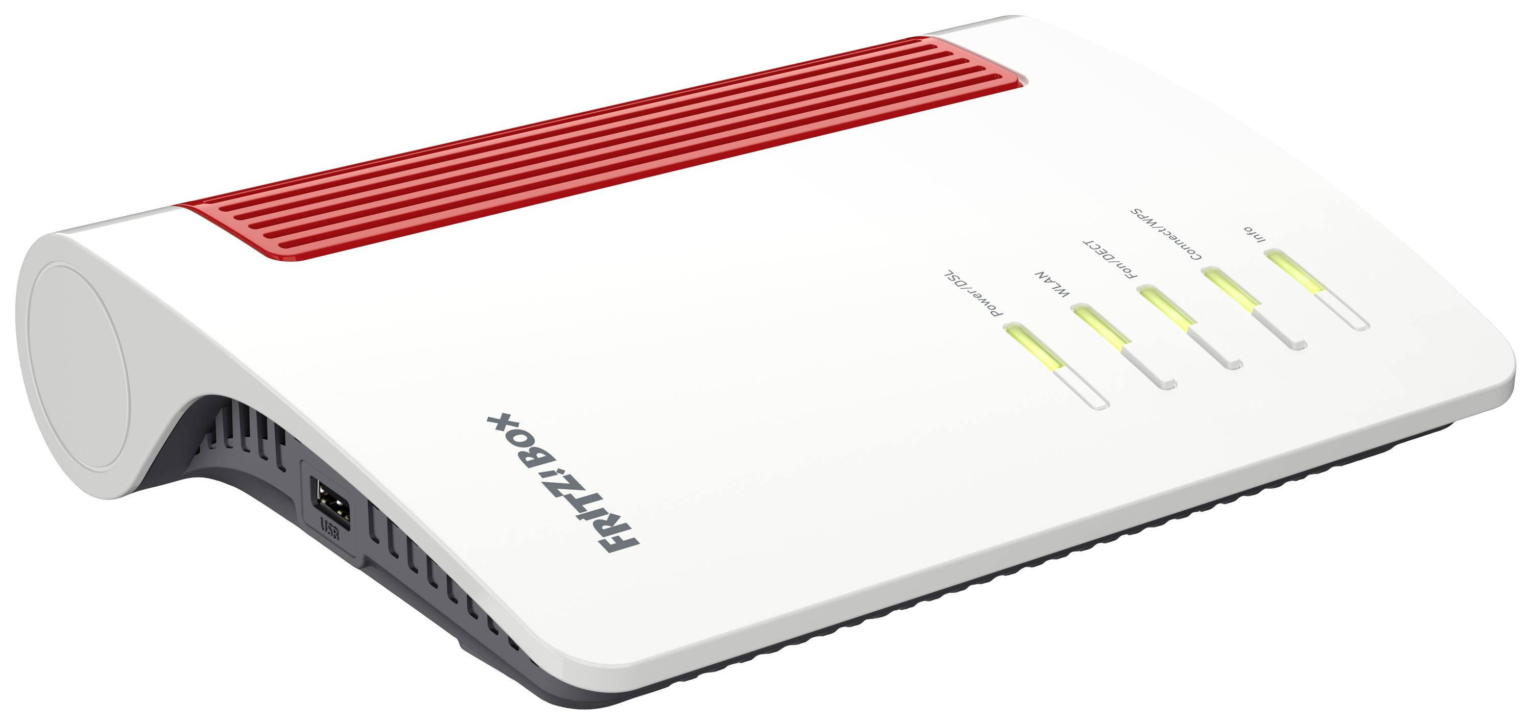 Ein weißer Router mit rotem Akzent, typischerweise verwendet für Heimnetzwerke. Er ist geneigt dargestellt und zeigt LED-Anzeigen an der Oberseite.