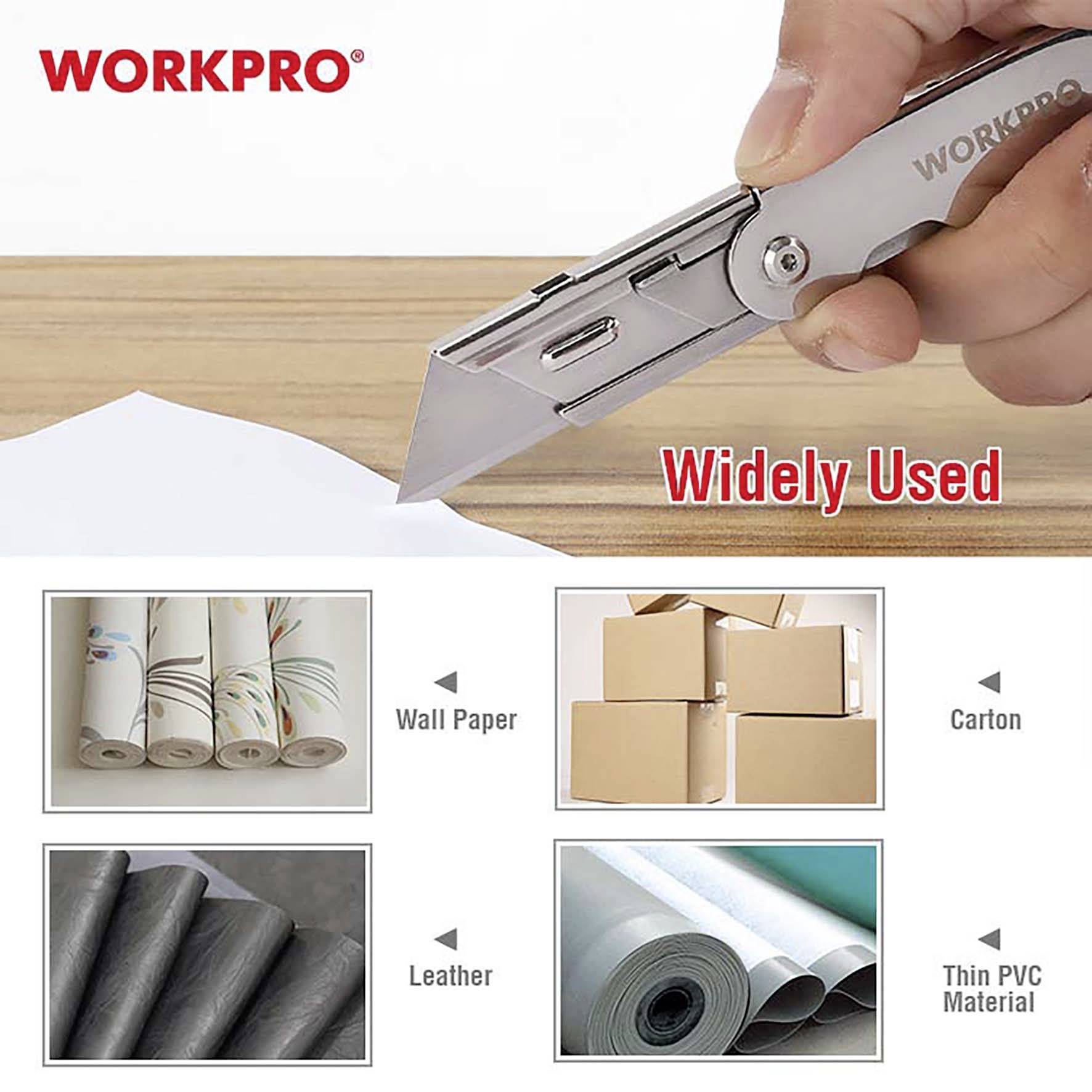 Eine Hand hält ein graues, geschlossenes Teppichmesser der Marke WORKPRO auf einem Tisch. Darunter Bilder von Teppich, Karton und PVC mit dem Text 'Widely Used'.
