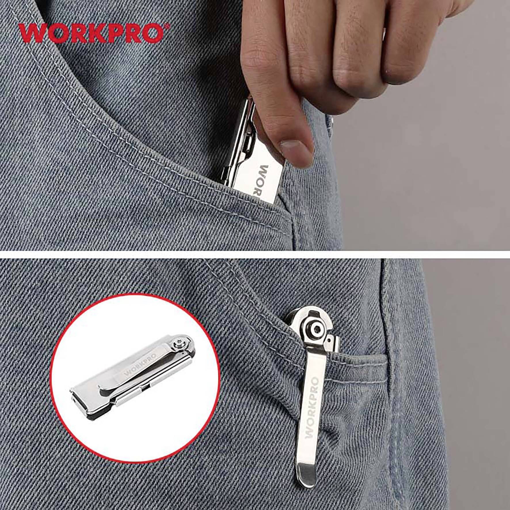 Eine Hand steckt ein silbernes Klappmesser der Marke 'WORKPRO' in eine Jeanstasche. Im Vordergrund ist ein Detailfoto des Messers.