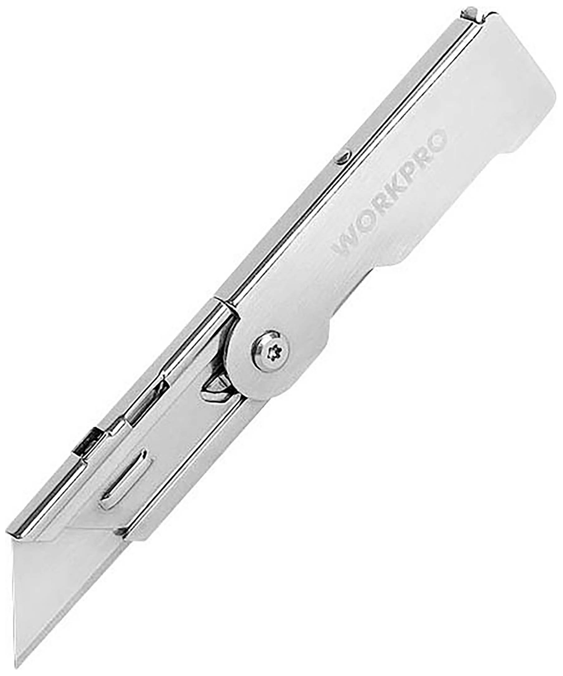 Ein silbernes, zusammenklappbares Universalmesser mit einer scharfen Klinge, geeignet zum Schneiden verschiedener Materialien.