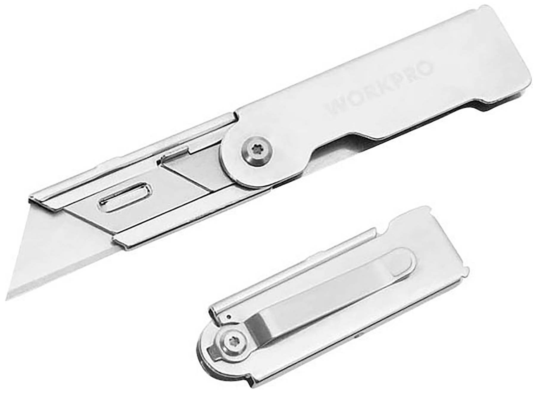 Silbernes Klappmesser mit herausklappbarer Klinge und Clip.
