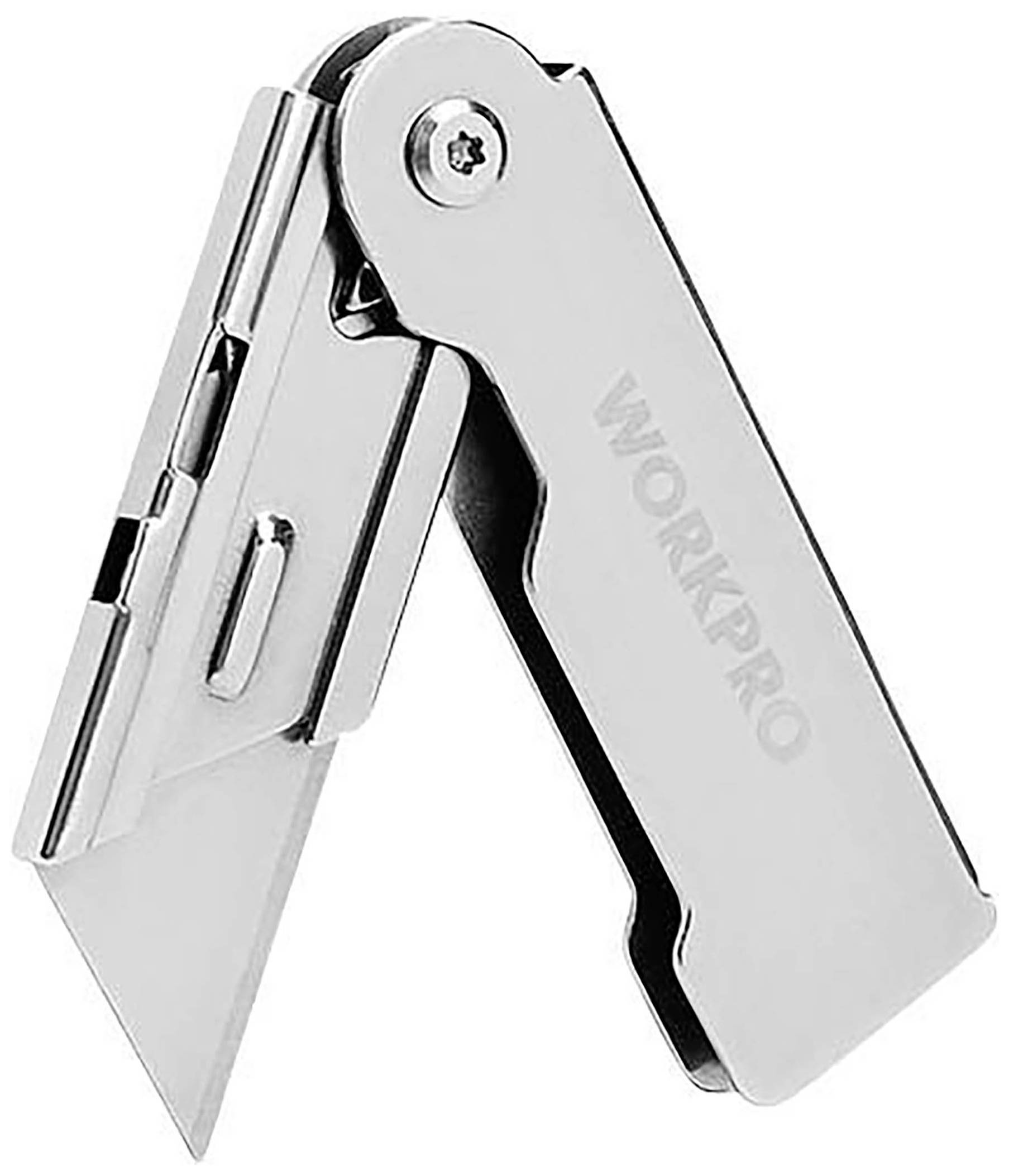 Klappbares, silbernes Cuttermesser mit sichtbarer Klinge und der Aufschrift 'WORKPRO' auf dem Griff.